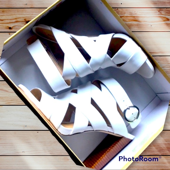 MICHAEL Michael Kors Shoes - MiCHAEL MICHAEL KORS optic white strappy chunky heels  9M fits like 8 Wide feets